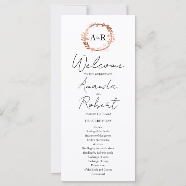 Monogram Wreath Rose Gold Foil Wedding Program (Front)