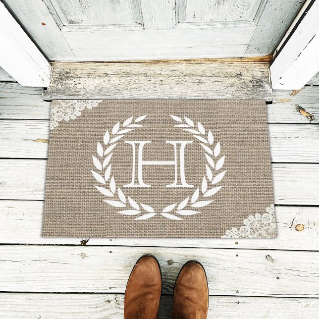 Monogram Wreath Rustic Burlap & Lace Doormat (Creator Uploaded)