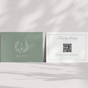 Monogram Wreath Sage Green QR Code Wedding RSVP  Enclosure Card