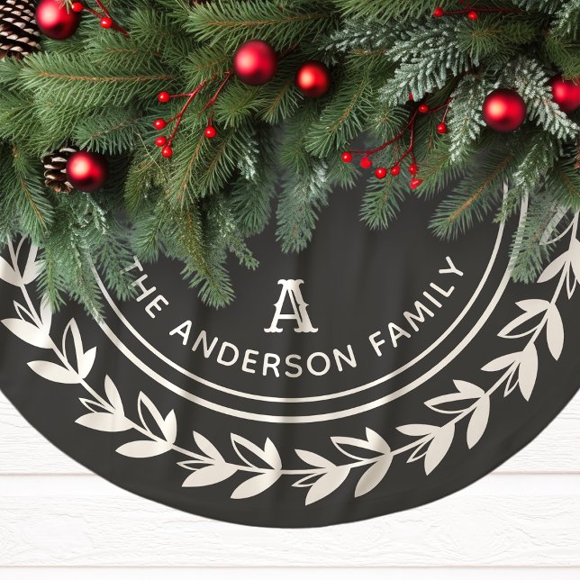 Monogram Wreath Striped Modern Grey Christmas Brushed Polyester Tree Skirt (Creator Uploaded)