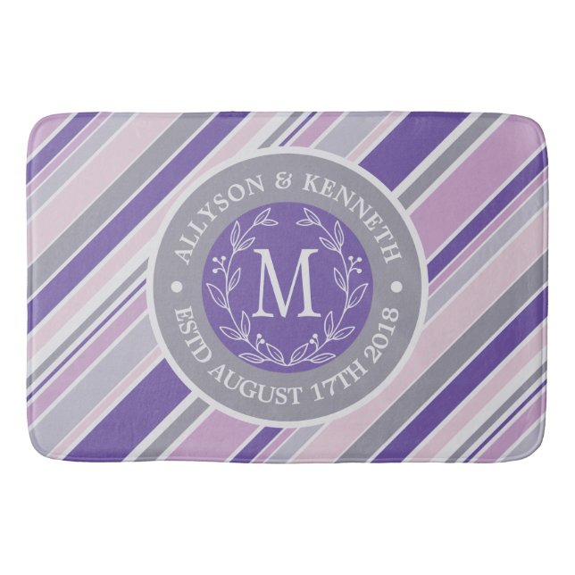 Monogram Wreath Trendy Stripes Purple Laurel Leaf Bath Mat (Front)