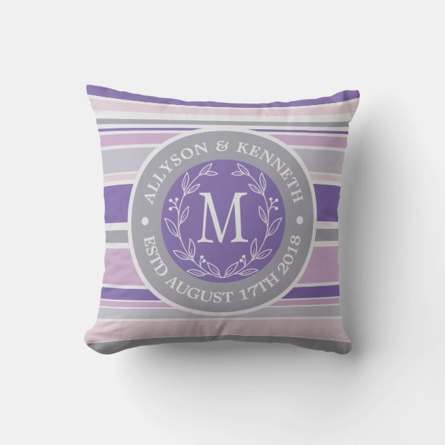 Monogram Wreath Trendy Stripes Purple Leaf Laurel Outdoor Cushion (Front)