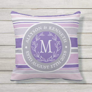 Monogram Wreath Trendy Stripes Purple Leaf Laurel Outdoor Cushion