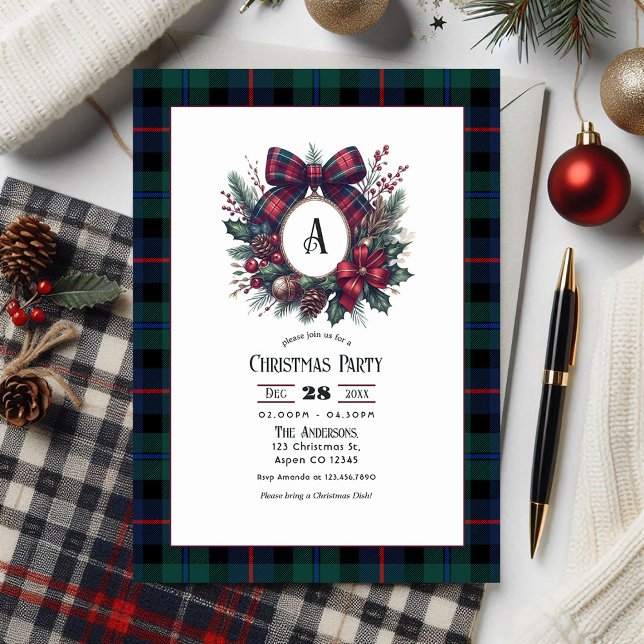 Monogram Wreath Vintage Plaid Christmas Party Invitation (Monogram Wreath Vintage Plaid Christmas Party Invitation)