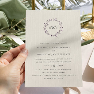 Monogram Wreath Wedding Invitation   Plum