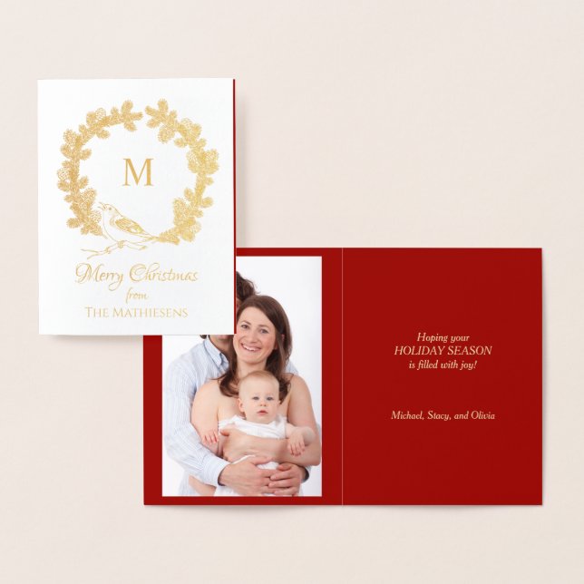 Monogram Wreath with Bird Gold Foil Christmas Card (Display)