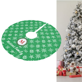 Monogram Wreath Your Name Green & White Snowflakes Brushed Polyester Tree Skirt