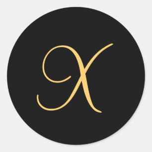 Monogram X,  gold coloured initial X on black, Classic Round Sticker