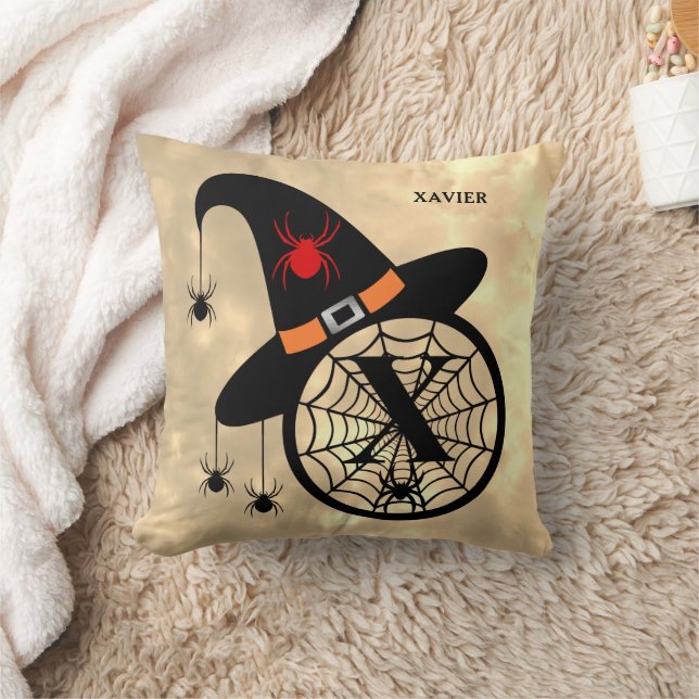 Monogram X Halloween Sky Witch Spiders Name Cushion (Blanket)