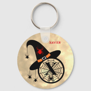 Monogram X Halloween Sky Witch Spiders Name Key Ring