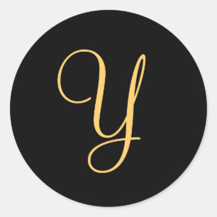 Monogram Y,  gold coloured initial Y on black, Classic Round Sticker