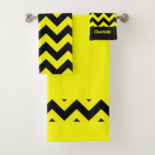 Monogram yellow and black chevron pattern bath towel set