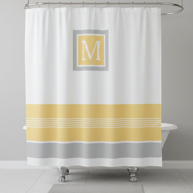 Monogram Yellow and Grey Striped Border Shower Curtain (Creator Uploaded)