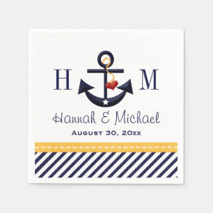 Monogram Yellow and Navy Anchor Nautical Wedding Napkin