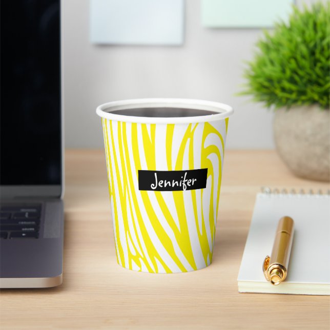 Monogram Yellow and White Striped Zebra Pattern  Paper Cups (Insitu)