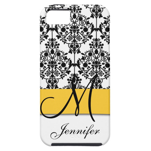 Monogram Yellow Black White Floral Damask Case-Mate iPhone Case (Back)