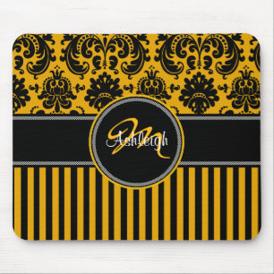 Monogram Yellow Black White Stripe Damask Mousepad