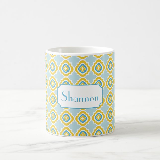 Monogram Yellow Blue Quatrefoil Mug- Custom Mug (Center)