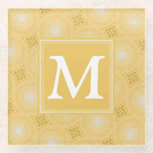 Monogram yellow circles pattern glass coaster