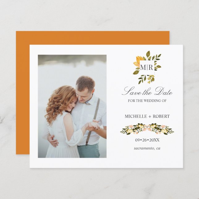 Monogram Yellow Floral Photo Wedding SAVE THE DATE (Front/Back)
