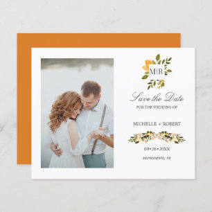 Monogram Yellow Floral Photo Wedding SAVE THE DATE