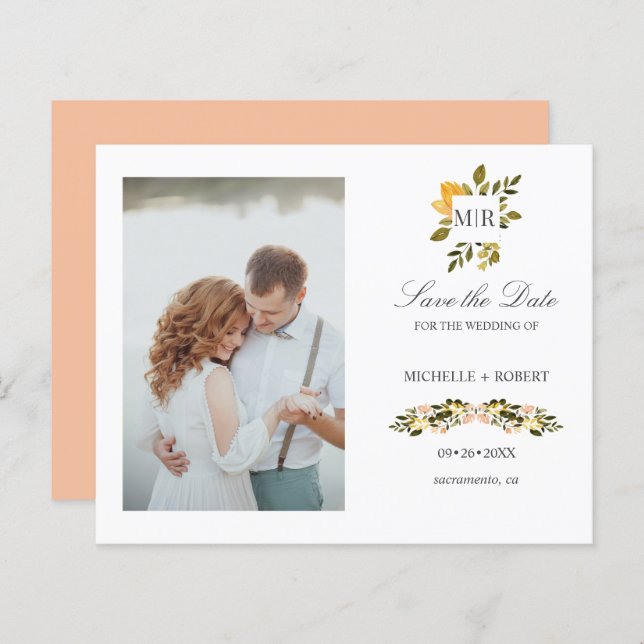 Monogram Yellow Floral Photo Wedding SAVE THE DATE (Front/Back)