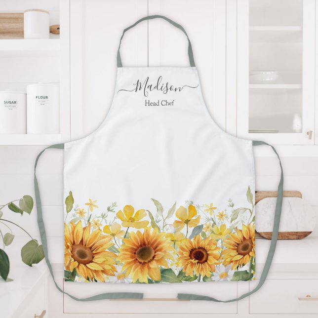 Monogram Yellow Flower Sunflower Floral Botanical Apron (In situ)