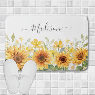 Monogram Yellow Flower Sunflower Floral Botanical Bath Mat
