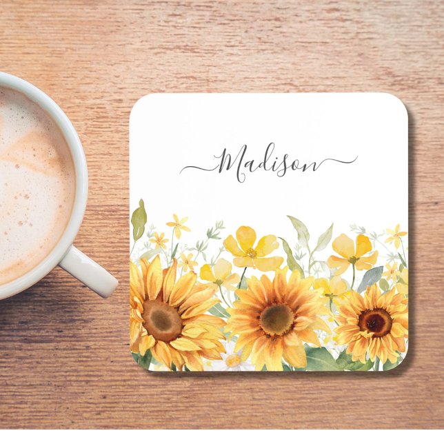 Monogram Yellow Flower Sunflower Floral Botanical Coaster (In situ)