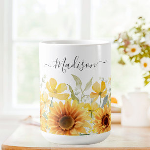 Monogram Yellow Flower Sunflower Floral Botanical Coffee Mug