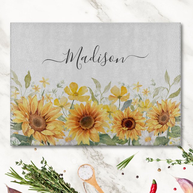 Monogram Yellow Flower Sunflower Floral Botanical Cutting Board (In situ)