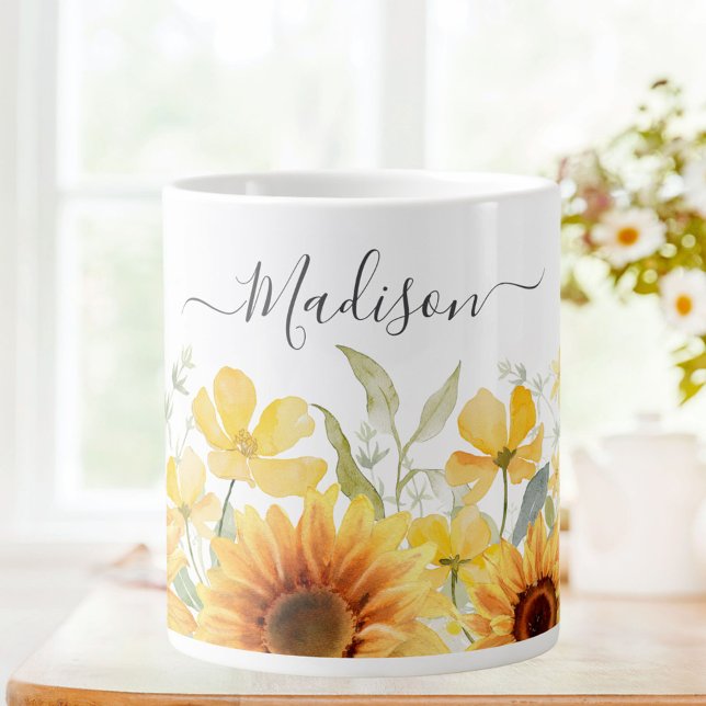 Monogram Yellow Flower Sunflower Floral Botanical Large Coffee Mug (In situ)
