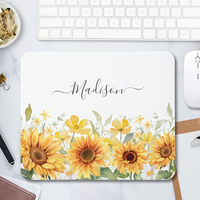 Monogram Yellow Flower Sunflower Floral Botanical Mouse Pad (In situ)