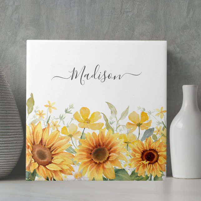 Monogram Yellow Flower Sunflower Floral Botanical Tile (Close up)