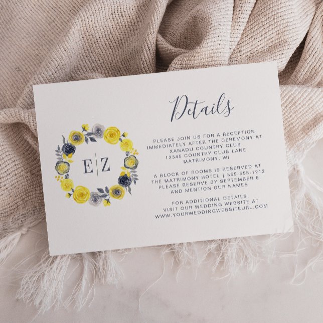 Monogram Yellow Grey Floral Wreath Wedding Details Enclosure Card (Creator Uploaded)