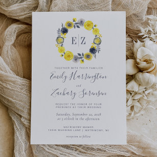 Monogram Yellow Grey Floral Wreath Wedding Invitation