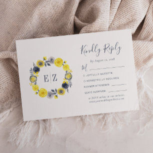 Monogram Yellow Grey Floral Wreath Wedding RSVP Card