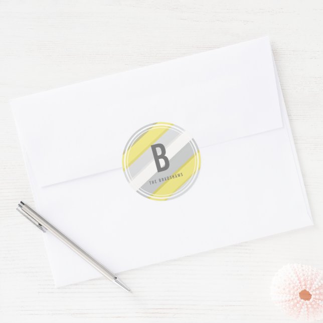 Monogram Yellow Grey Stripes Mod New Year Holiday Classic Round Sticker (Envelope)