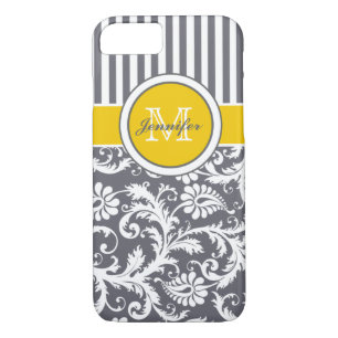 Monogram Yellow Grey White Striped Damask Case-Mate iPhone Case
