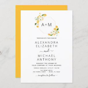 Monogram Yellow Orange Floral Wedding Invitation