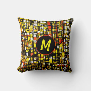 Monogram Yellow Red Abstract Painting Cushion