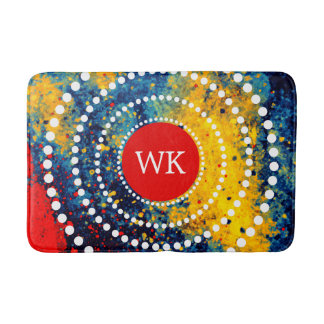 Monogram Yellow Red Blue Paint Splatter Dot Art Bath Mat