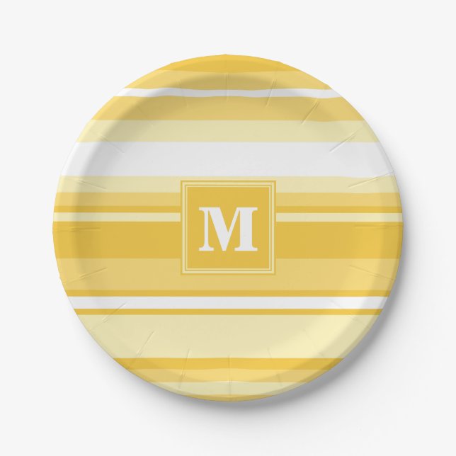 Monogram yellow stripes paper plate (Front)