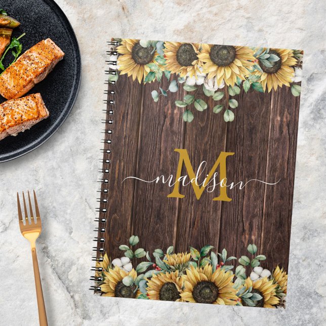 Monogram Yellow Sunflower Brown Wood Recipe Notebook (In situ)