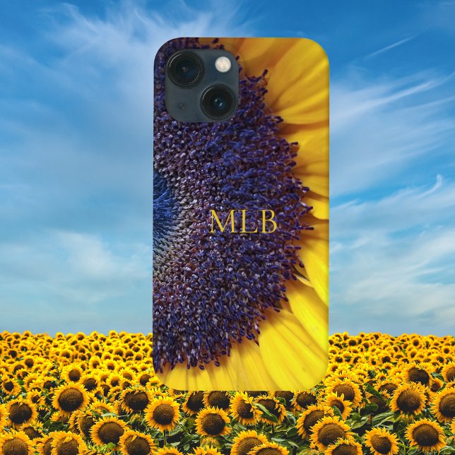 Monogram Yellow Sunflower Closeup with Initials iPhone 15 Case (Creator Uploaded)