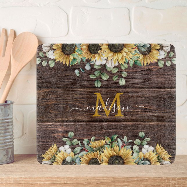 Monogram Yellow Sunflower Eucalyptus Brown Wood Cutting Board (In situ)