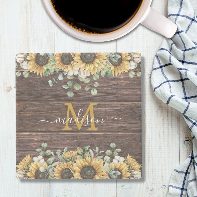 Monogram Yellow Sunflower Eucalyptus Brown Wood Stone Coaster (In situ)