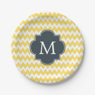 Monogram Yellow, White and Charcoal Chevron Paper Plate
