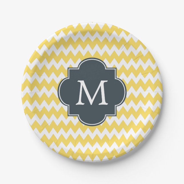 Monogram Yellow, White and Charcoal Chevron Paper Plate (Front)