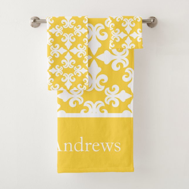 Monogram Yellow White Fleur-de-lis Personalised Bath Towel Set (Insitu)
